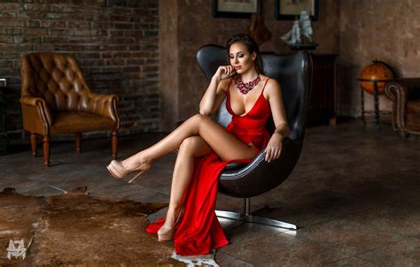 Women Mihail Gerasimov Sitting Legs Brunette Painted Nails Legs Crossed Cleavage Classy