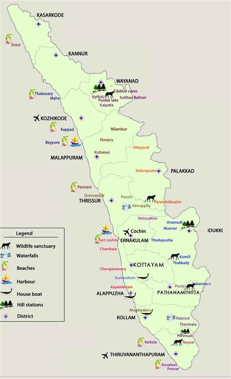 This kerala map shows all the 44 rivers of kerala along with the backwaters and other water reservoirs. Kerala Tourist Map | Kerala Map with Tourist Places