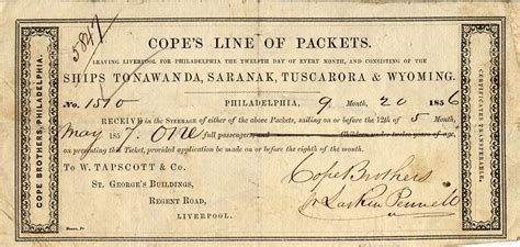 18th Century Passenger Ship Ticket Ticket 1856 57 Purchased In