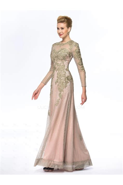 A Line Jewel Long Sleeve Lace Mother Of The Bride Dresses M010069