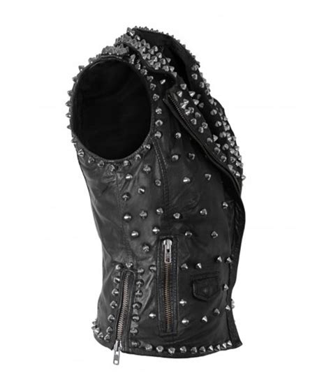 Womens Silver Studded Black Leather Vest