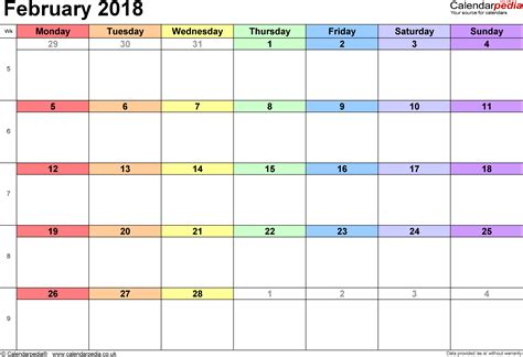 Calendar February 2018 UK with Excel, Word and PDF templates