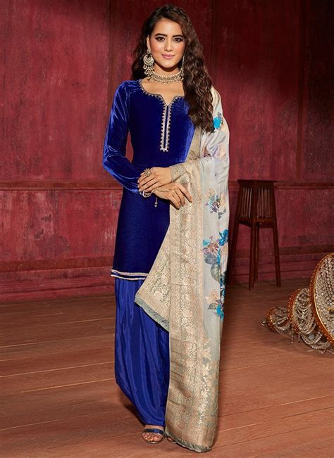 Blue Velvet Punjabi Suit With Brocade Dupatta Indian Designer Outfits Indian Outfits Punjabi