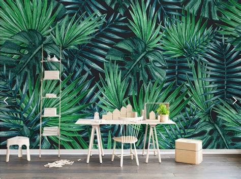 Tropical Dark Green Palm Tree Wallpaper Wall Mural Tropical Etsy