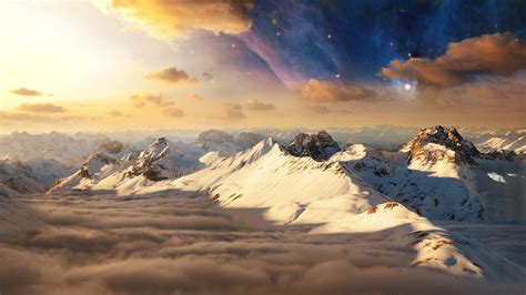 1920x1080 Mountains Clouds Snow Sky Sun Peaks Coolwallpapersme