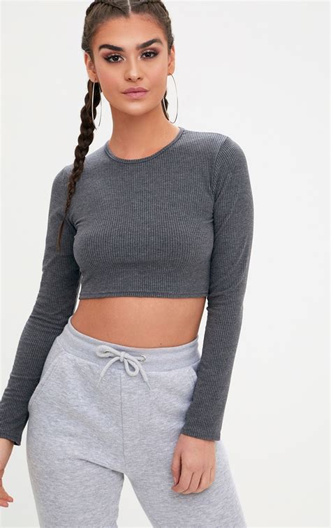 Grey Ribbed Long Sleeve Crop Top Tops Prettylittlething Ie