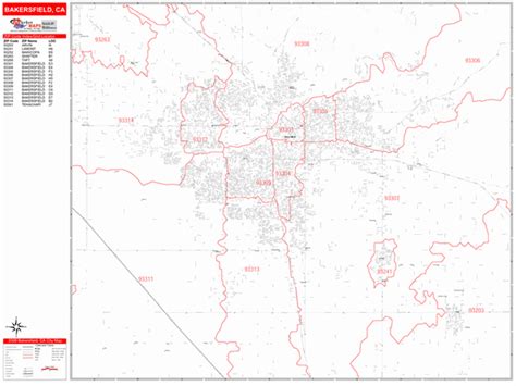 Bakersfield California Zip Code Wall Map Red Line Style By Marketmaps