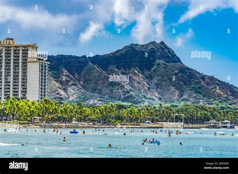 Colorful Waikiki Beach Surfers Swimmers Diamond Head Hotels Honolulu