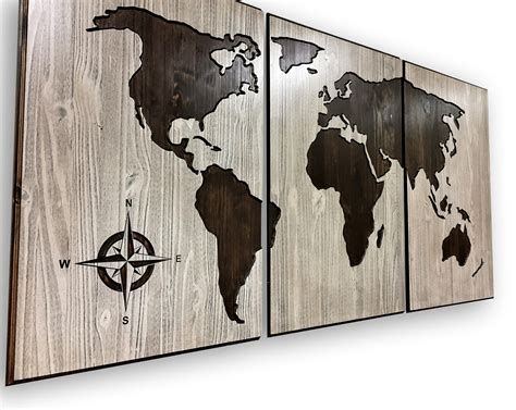 Wood World Map Wall Art Carved 3 Panel Home Decor Wood Wall