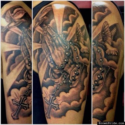 A praying hand tattoo depicted with several contrasting colors may give it a lifelike impression. Pinterest • The world's catalog of ideas