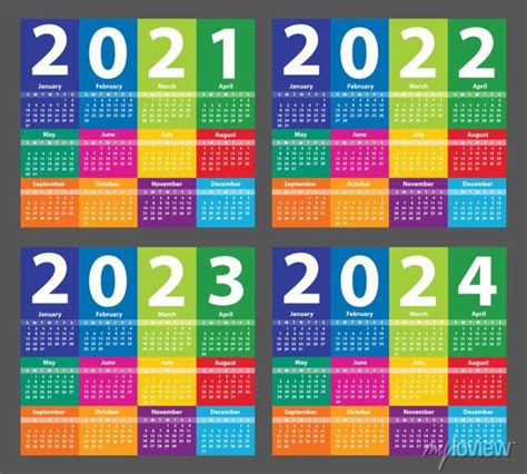 Calendar Set 2021 2022 2023 2024 Starting From Sunday Vector