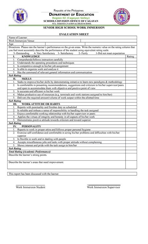 Industry Immersion Performance Evaluation Form Perfor