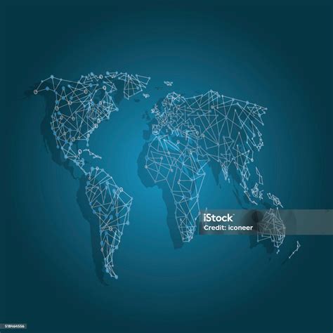 Teal World Map In With Connections And Cities Stock Illustration