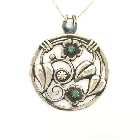 Vintage Mexican Sterling Silver Turquoise Pendant Necklace Large Round