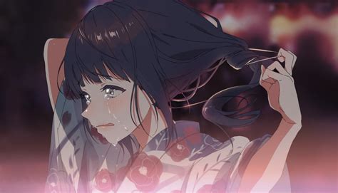 Download 1920x1080 Anime Girl Crying Kimono Ponytail Tears Sadness