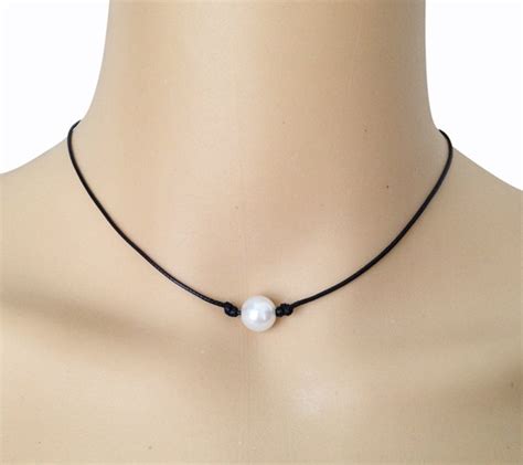 Black Leather Pearl Necklace Floating Cultured Freshwater Pearl Choker