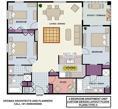 3 Bedroom Apartment Unit Custom Design Layout Floor Plans Type 3 Arcmaxarchitect