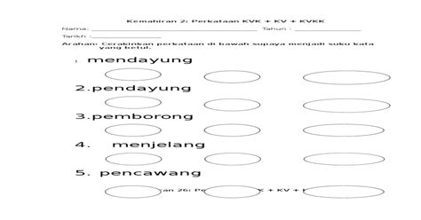 Lembaran Kerja Kemahiran 26 Perkataan Kvk Kv Kvkk Pdf Document