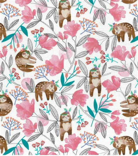 Novelty Cotton Fabric Sleepy Sloths And Flowers Joann