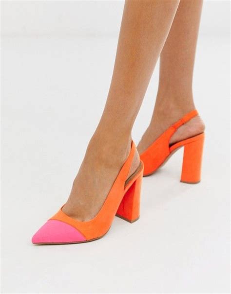 Asos Design Password Slingback High Block Heels In Orange And Pink