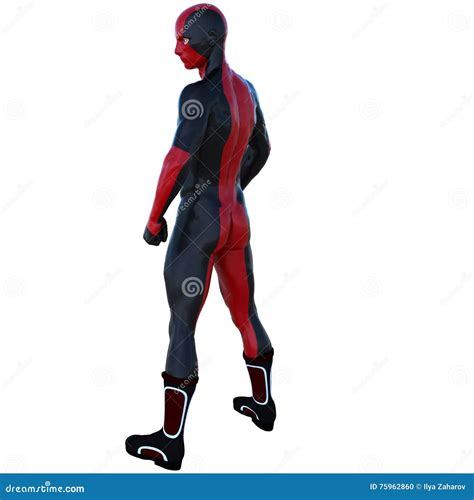 One Young Superhero Man With Muscles In Red Black Super Suit Royalty
