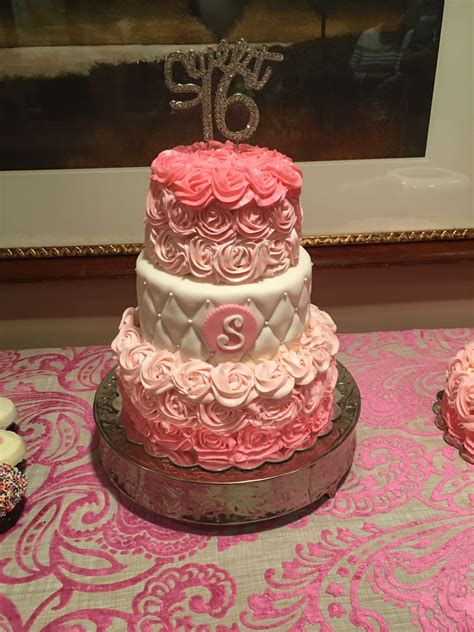 Sweet 16 Three Tier Pink Rose Birthday Cake