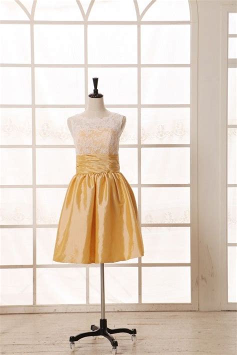 Vintage Ivory Lace Yellow Taffeta Bridesmaid Dress Knee Short Length