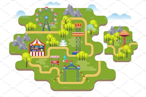 Situated in bandar meru raya, maps opened its doors to eager visitors who were seen lining up at ticket counters as early as 8am. Cartoon amusement park map | Custom-Designed Illustrations ...