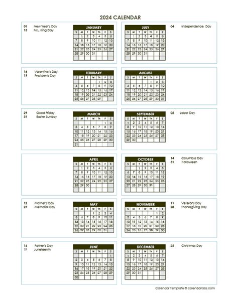 2024 Annual Calendar Vertical Template Free Printable Templates