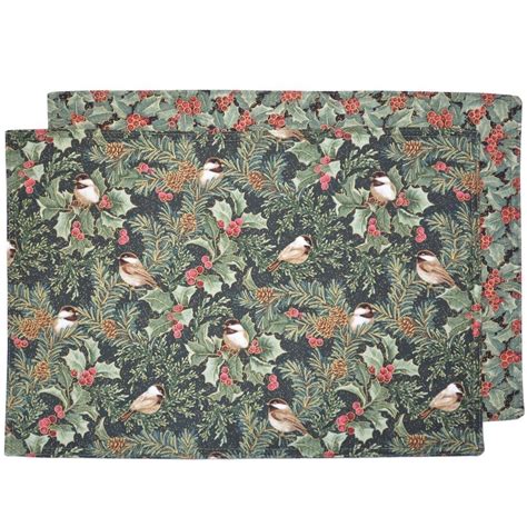 Green Holly And Chickadees Holiday Print Rectangle Placemat American