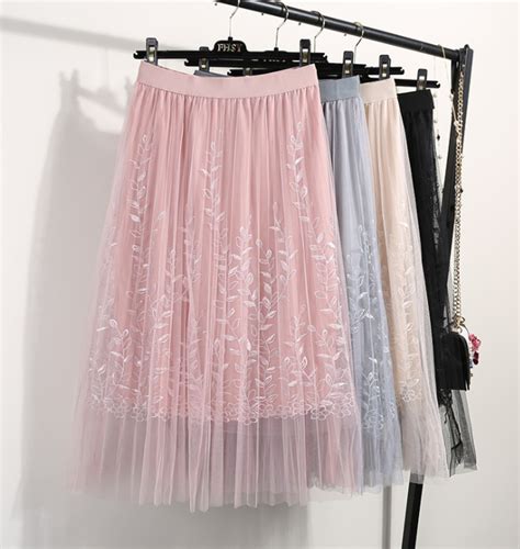 Elegant Tulle Floral Embroidery A Line Mesh Midi Skirt Cjdropshipping