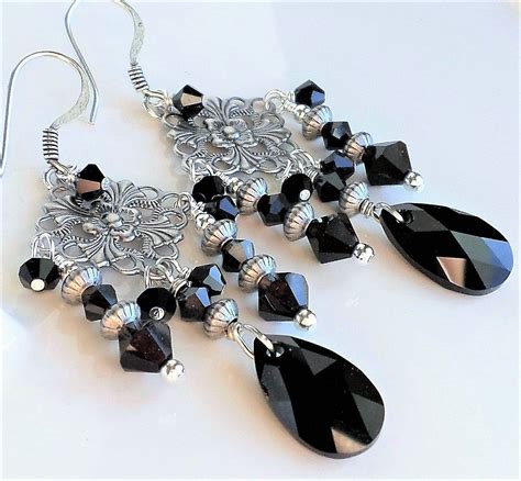 Black Silver Chandelier Earrings Antique Silver And Black Etsy