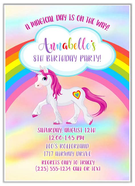 Rainbow Unicorn Birthday Party Invitations Kids Birthday