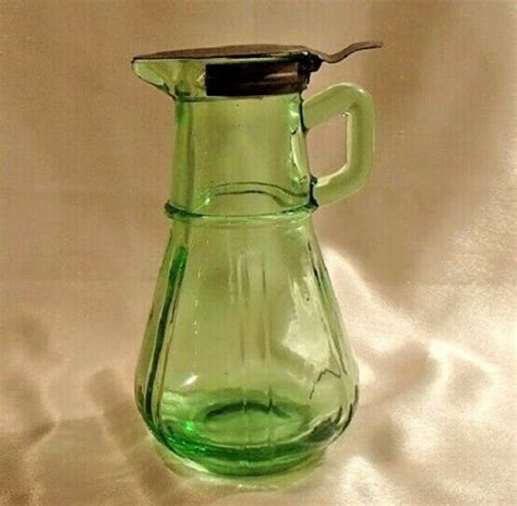 Vintage Green Depression Vaseline Uranium Glass Syrup Pitcher Jug Hazel