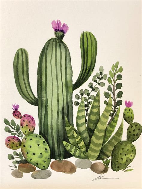 Cactus Garden Original Watercolor Painting Watercolorarts Cactus