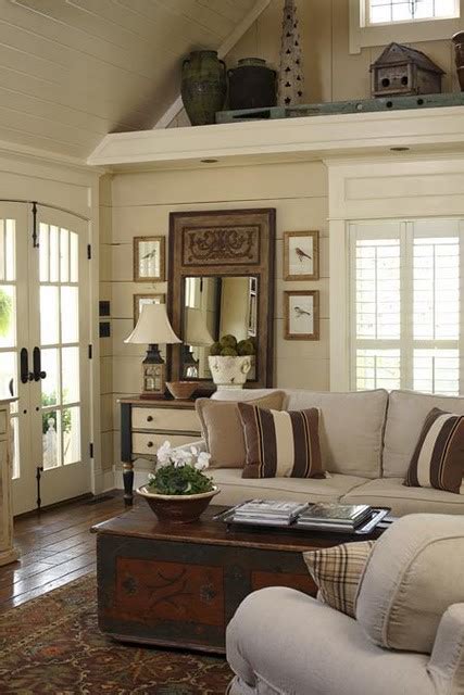 Country Farmhouse Livingroom Ceiling And Shelving Gives