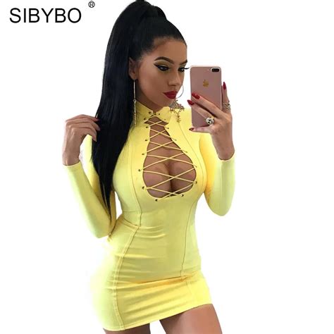 Sibybo Hollow Out Lace Up Sheath Mini Dress Long Sleeve Turtleneck Bandage Autumn Winter Dress