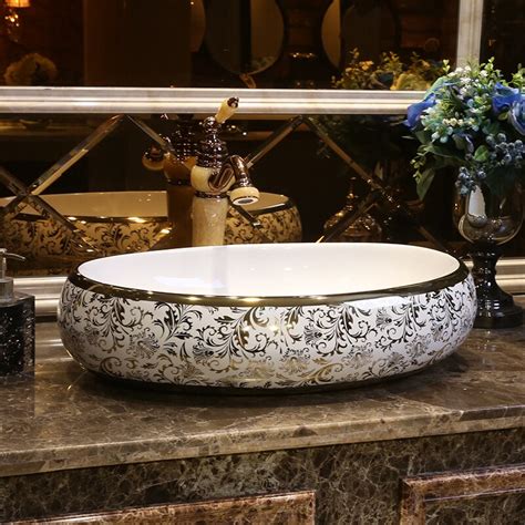Oval Gold And White Art Counter Basin Wash Basin Lavabo Sink Bathroom