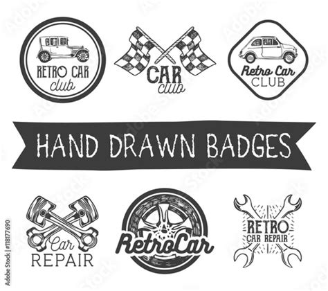 Vector Set Of Hand Drawn Retro Car Labels In Vintage Style Auto Club