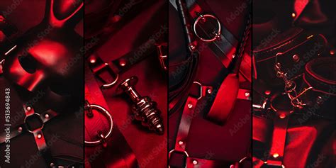 sex toys for bdsm sex with submission and domination collage concept with mask whip handcuffs