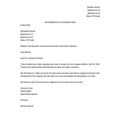 Acceptance Of Resignation Letter Example Sample Resignation Letter