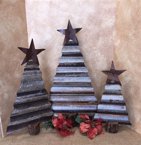 Set Of 3 Rustic Metal Christmas Trees Made From Rusty Corrugated And A