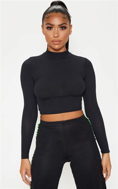 Petite Black High Neck Ribbed Long Sleeve Crop Top Prettylittlething