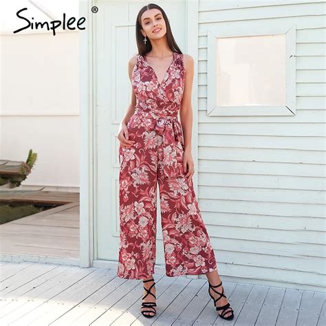 Simplee Boho Floral Print V Neck Sexy Jumpsuit Women Backless Lace Up