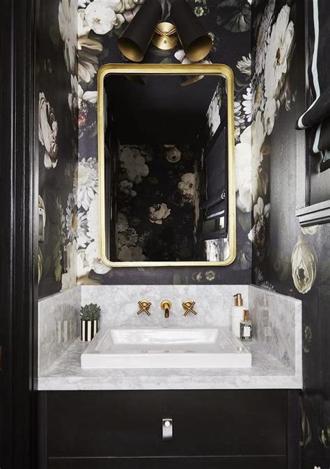 Gold And Black Powder Room With Black Wallpaper Contemporary Bathroom
