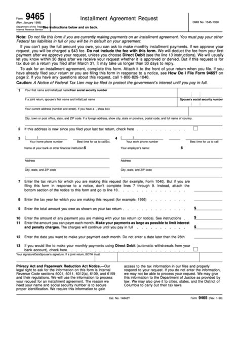 Fillable Form 9465 Installment Agreement Request Printable Pdf Download