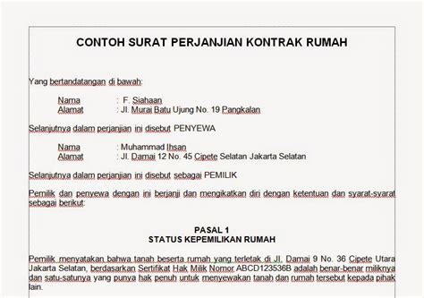 Contoh surat perjanjian kontrak rumah sederhana. .doc CONTOH DRAFT SURAT PERJANJIAN SEWA (KONTRAK) RUMAH ...