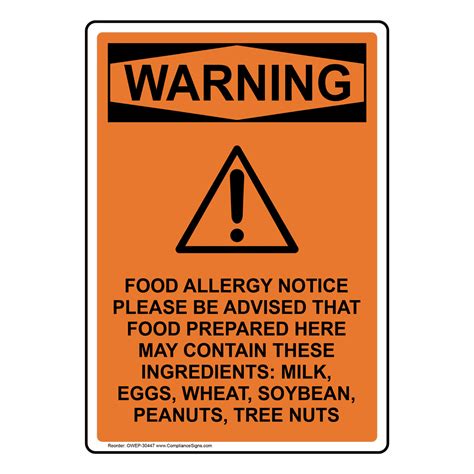Vertical Food Allergy Notice Sign Osha Warning