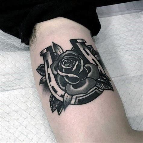 Cool Shaded Black And Grey Horseshoe With Rose Flower Mens