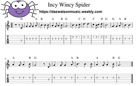 Incy Wincy Spider Easy Childrens Guitar Tab Easy Guitar Tabs